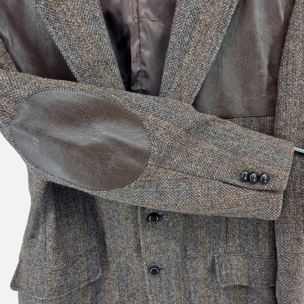 Vintage 80s‎ Union Made Tweed & Leather Sport Coat Blazer Brown Wool USA 46R